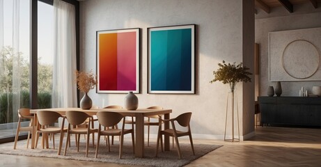 Elevate your dining room decor with two vertical ISO A1 frame mockups and reflective glass. Modern Japandi interior. 3D render.