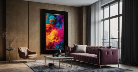 Elevate your decor with a poster frame mockup in the living room of a modern, luxurious apartment, boasting contemporary interior design