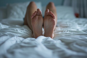 Ruhepause: Frauenfüße im Bett aus der Unteransicht - obrazy, fototapety, plakaty