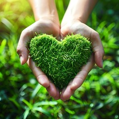 Naturverbundene Liebe: Hände halten ein Herz aus Gras - obrazy, fototapety, plakaty
