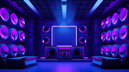 neon lights glow purple and blue in a vibrant electric music studio performance in a modern space
