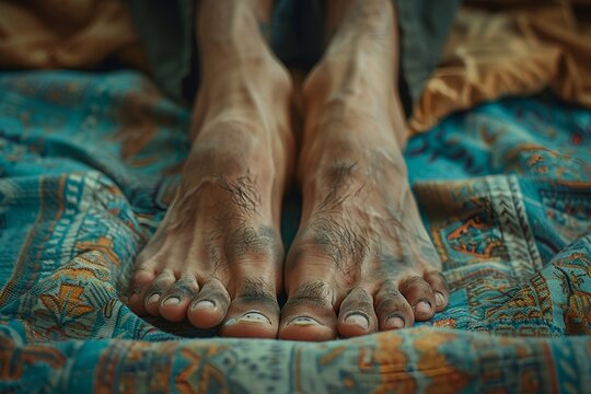 Spuren des Tages: Leicht schmutzige Herrenfüße auf verziertem Tuch