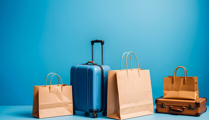 Shopping bags and Suitcases isolated on a blue background, sale, and packaging concept. Generative AI. V-3