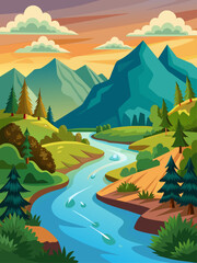A serene vector landscape background featuring a tranquil river flowing through a lush green valley.