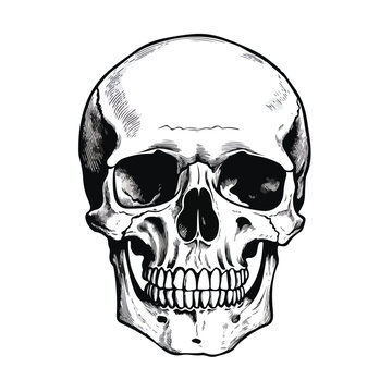 Vector illustration of human skull in ink hand draw