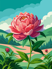 Peony Vector Landscape Background Depicts A Tranquil Meadow With Vibrant Red And Pink Peonies Blooming Against A Serene Blue Sky