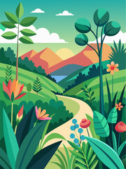Fototapeta na wymiar Vector illustration of a lush green landscape with mountains, trees, and a flowing river.