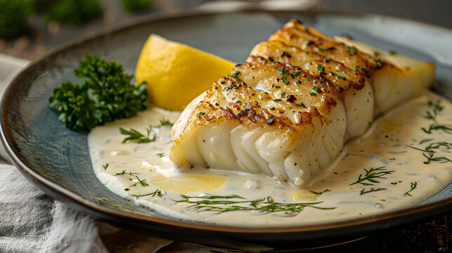 Grilled cod fillet with lemon dill sauce