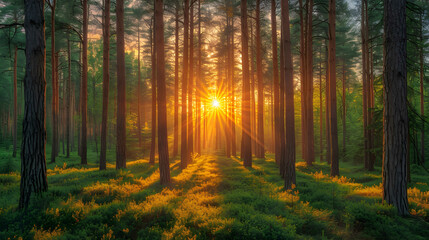 The landscape of the forest in golden shades of sunset, where the sun's rays penetrate the foliage of trees, creating a cozy atmosphe