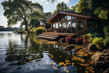 Fototapeta na wymiar a wooden house is sitting on the shore of a lake surrounded by trees