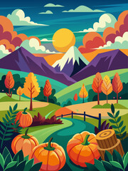 Autumnal landscape with vibrant orange pumpkins adorning the foreground against a picturesque backdrop of rolling hills and clear skies.