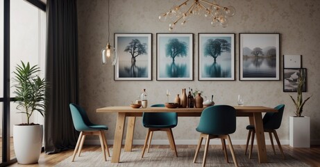 Showcase your posters in a modern Japandi dining room with two vertical ISO A1 frame mockups. Reflective glass. 3D render - obrazy, fototapety, plakaty