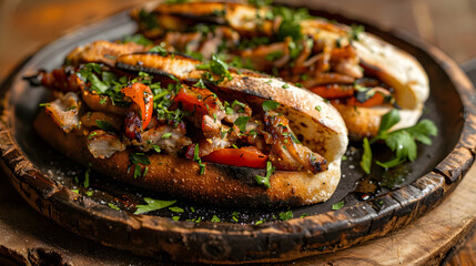 Grilled chicken sandwich with fresh herbs and vegetables - obrazy, fototapety, plakaty