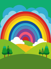 A colorful rainbow arches over a serene landscape with lush green hills and a sparkling river.