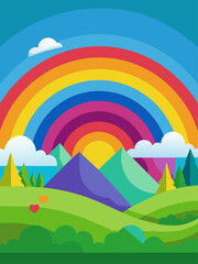 A vibrant rainbow arches across a colorful vector landscape.