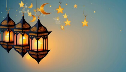 eid and ramadan islamic greeting card of crescent moon decoration and lanterns with copy space area banner created with generative ai	
