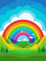 A multi-colored rainbow arcs over a serene mountain landscape, casting an ethereal glow upon the green hills and blue skies.