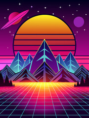 The retro vector landscape background creates a nostalgic and abstract ambiance with its vibrant and earthy colors, geometric shapes, and flowing textures.