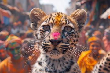 A detailed view of a asiatic leopard in India with colorful powder, Holi Festival of Colors
