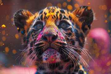 A detailed view of a leopard face with a blurred background, highlighting its features, Holi Festival of Colors