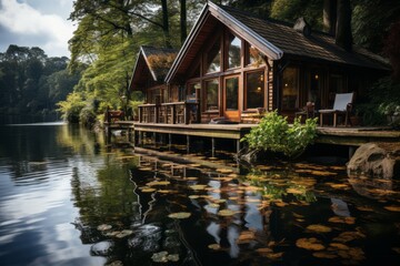 Fototapeta na wymiar Wooden house on lakeside dock surrounded by water, trees, and natural landscape