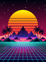 Retro wave vector landscape background with vibrant colors and geometric shapes.