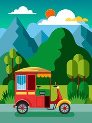 Rickshaw transports passengers comfortably amid a vibrant cityscape.