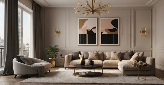 Transform your living room decor with a frame mockup against a backdrop of luxurious apartment design. Contemporary style. 3D render.