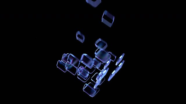 Flying glass blocks on a black background, 3d rendered animation, 4k seamless looped video