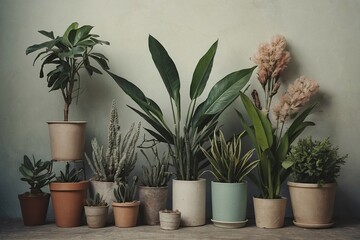 Collage of different flowers and plants in retro style and pastel colors.