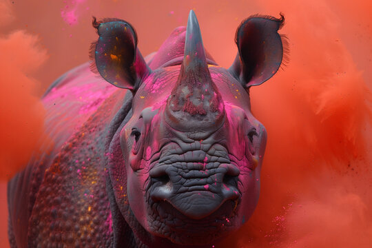A close-up view of a rhinos face with pink and orange smoke, reminiscent of the Holi Festival of Colors
