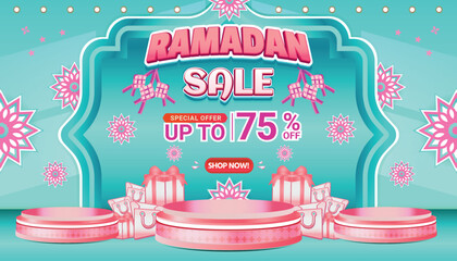 Banner Ramadan mubarak sale pink tosca social media background template 9