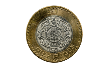 Moneda de 10 pesos mexicana con el calendario azteca 2022