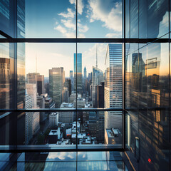 Fototapeta na wymiar City skyline reflected in the windows of a modern building