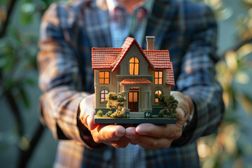 a man holding miniature home model