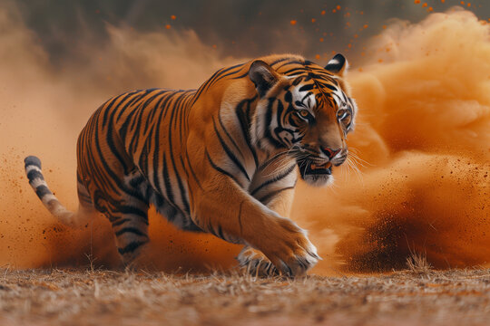 Full-length Bengal tiger running through a field of dirt, Holi Festival of Colors