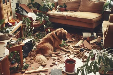 Foto op Plexiglas Chaotic living room with dogs and mess. Flower pots destruction, scattering soil and plants all over the floor. Destructive behavior, behaviour problems. Happy puppy time and happiness. © JovialFox