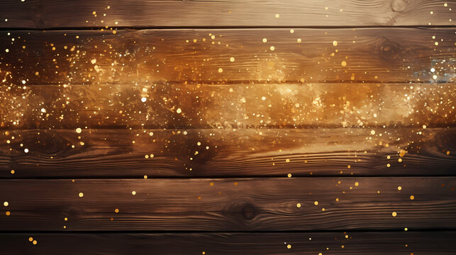 Wooden board surface with golden glitter wallpaper background