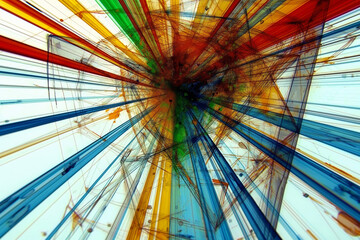 A colorful, abstract image of a cityscape with buildings and a bridge