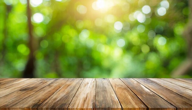 top of wood table with blurred bokeh nature background empty ready for your product display or montage