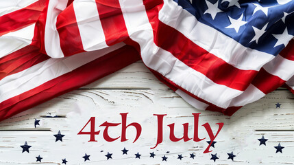 Fototapeta na wymiar United states flag on white, weathered clapboard background with july 4th greeting