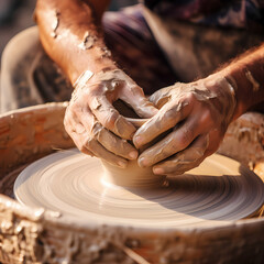 Close-up of a potter shaping clay on a spinning wheel