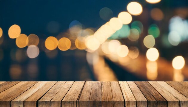 wood table top bar with blur light bokeh in dark night cafe restaurant background