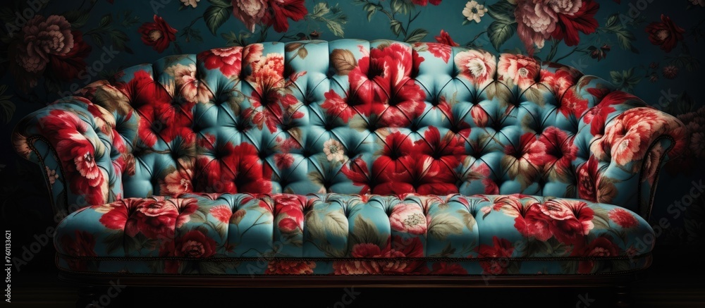 Poster an artistic display featuring a blue couch adorned with red flowers rests elegantly on a table, crea