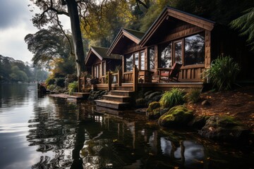 Fototapeta na wymiar Wooden cabins by water, surrounded by trees and natural landscape