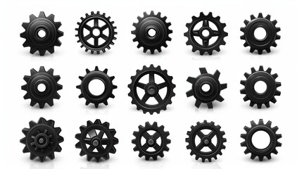 A set of various black gears and cogs isolated against a white background, showcasing industrial machinery parts
