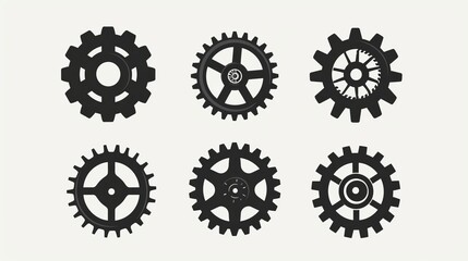 A collection of gear icons in silhouette style, presented on a light background suitable for design concepts