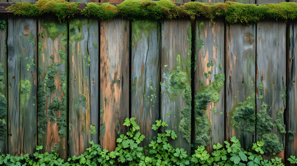 an old wooden fence overgrown with a weaving green ivy leaves, png file of isolated cutout object...