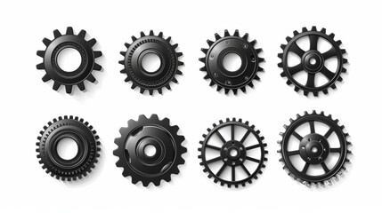 This image presents a collection of detailed 3D modeled gears with realistic shadows on a white backdrop