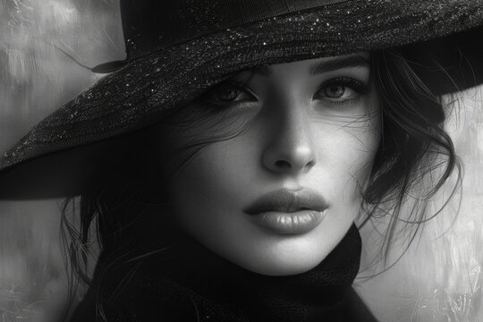 black and white image of an elegant woman wearing a black hat